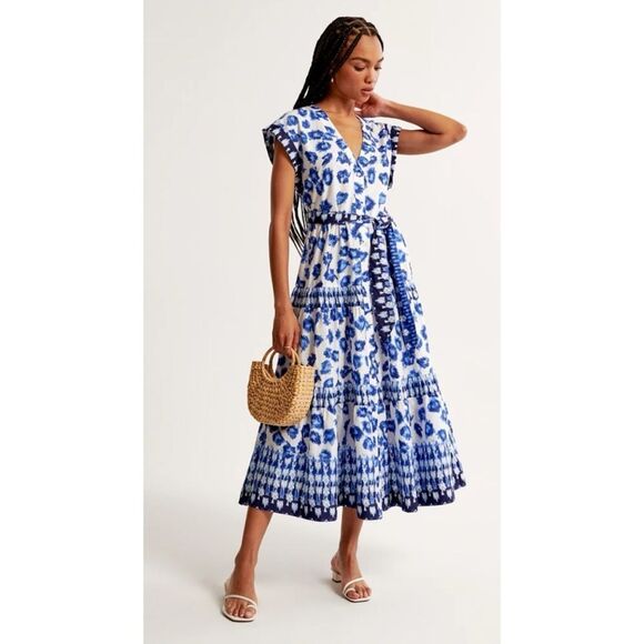 ABERCROMBIE & FITCH Cotton Tie Maxi Dress in Blue Pattern Size L - Picture 1 of 9
